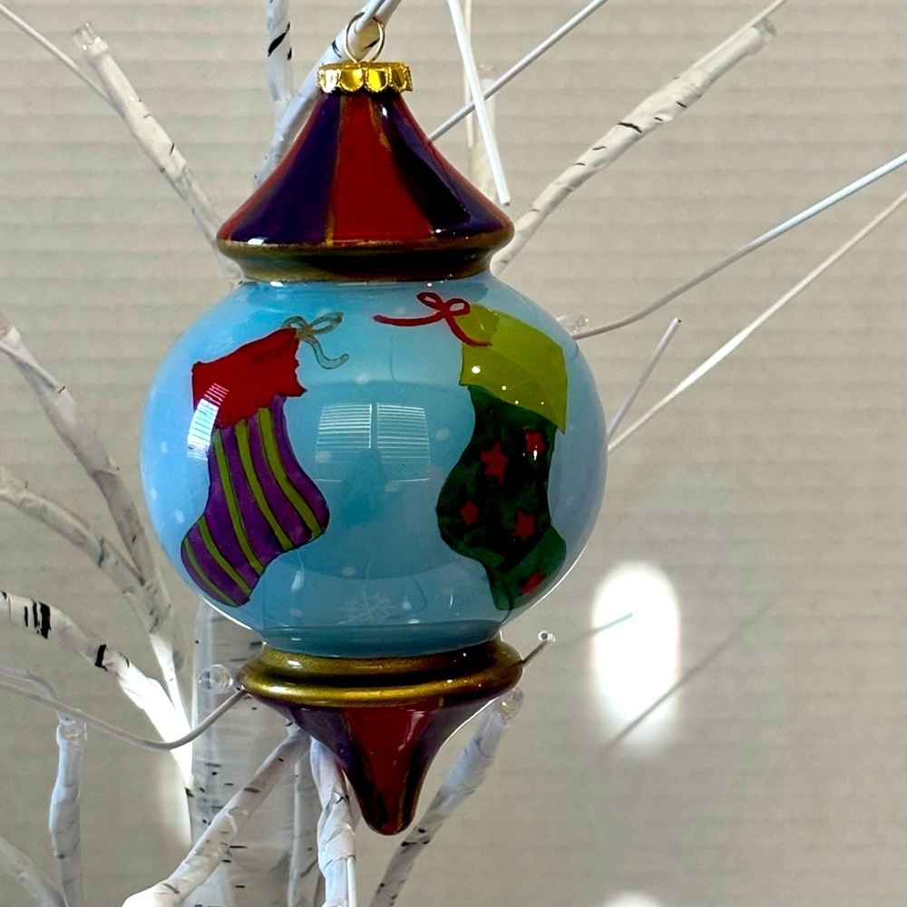 Pier One Li Bien Christmas Glass Ornament Stocking Hanging  Hand Painted 2007